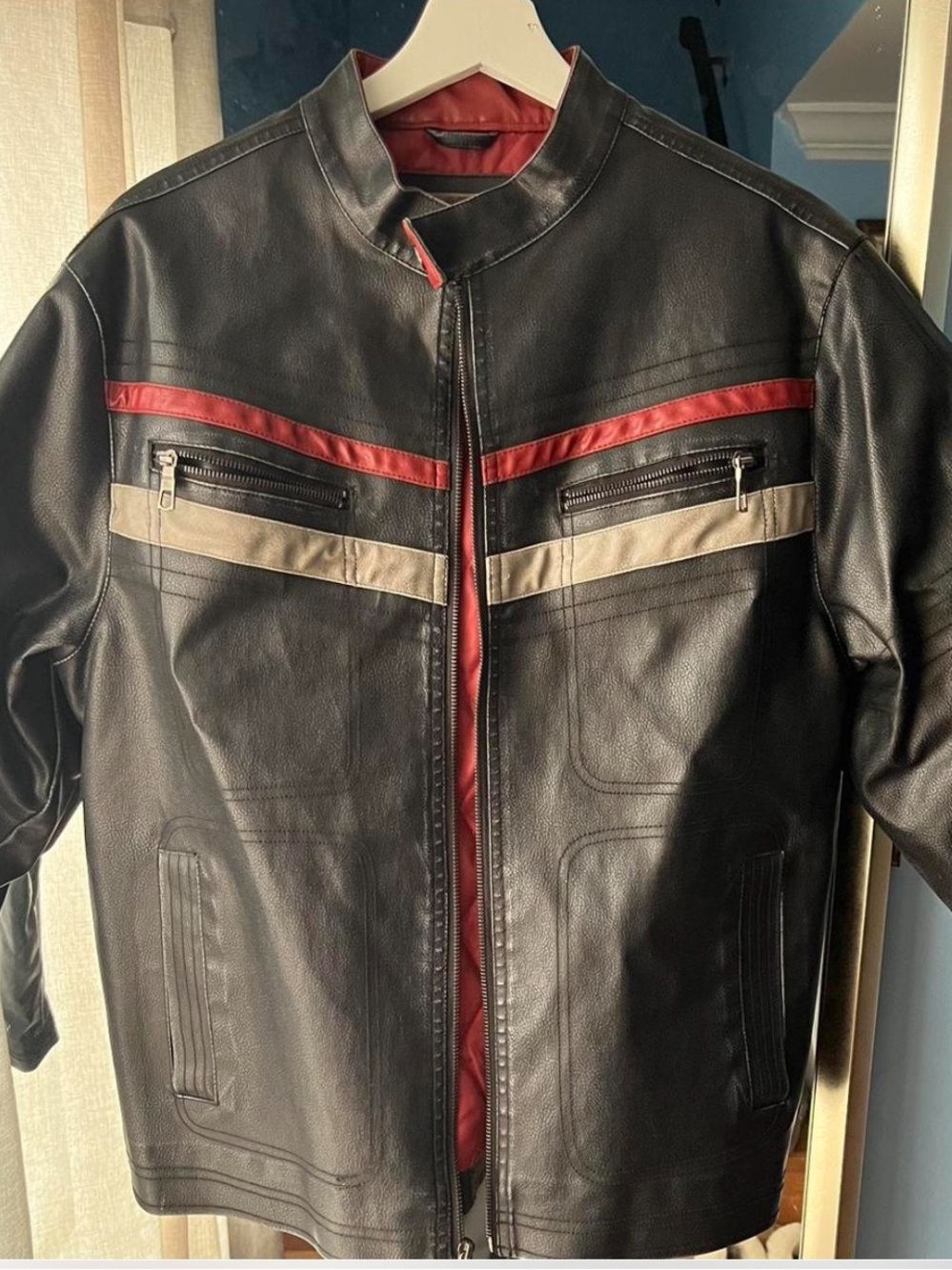 Men's Black Leather Jacket with Red & Cream Trim Size M